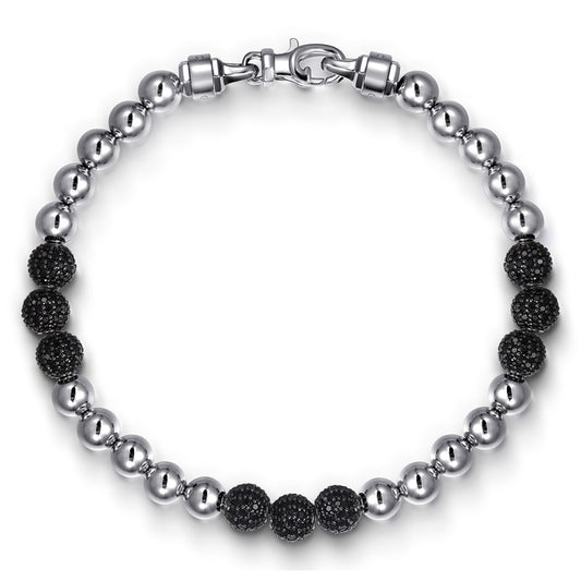 925 Sterling Silver Black Spinel and 6mm Silver Beaded Mens Bracelet