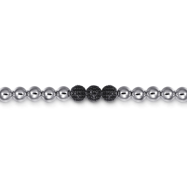 925 Sterling Silver Black Spinel and 6mm Silver Beaded Mens Bracelet