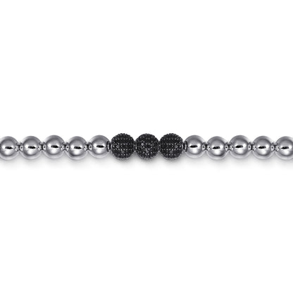 925 Sterling Silver Black Spinel and 6mm Silver Beaded Mens Bracelet