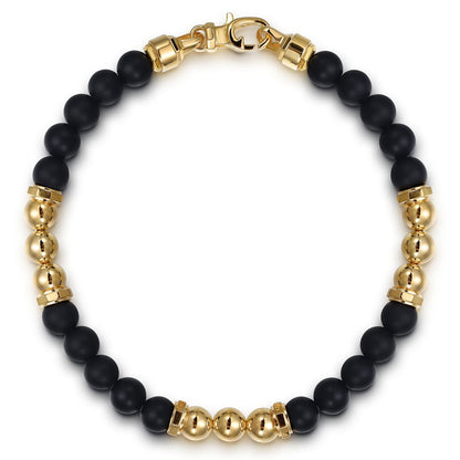14K Yellow Gold 6mm Matte Onyx bead and 6mm Yellow Gold Beaded Mens Bracelet