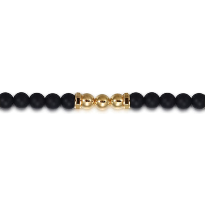 14K Yellow Gold 6mm Matte Onyx bead and 6mm Yellow Gold Beaded Mens Bracelet