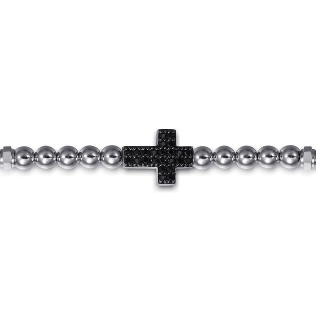 925 Sterling Silver and 4mm Silver Beaded Mens Bracelet with Black Spinel Cross