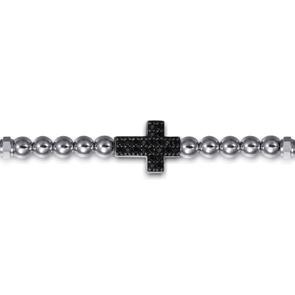 925 Sterling Silver and 4mm Silver Beaded Mens Bracelet with Black Spinel Cross