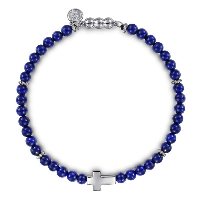 925 Sterling Silver Cross Bracelet with 4mm Lapis Beads