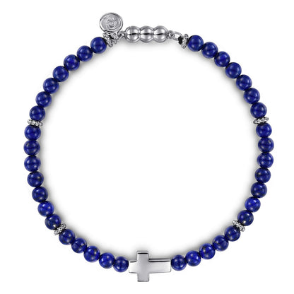 925 Sterling Silver Cross Bracelet with 4mm Lapis Beads