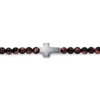 925 Sterling Silver Cross Bracelet with 4mm Tiger Eye Beads
