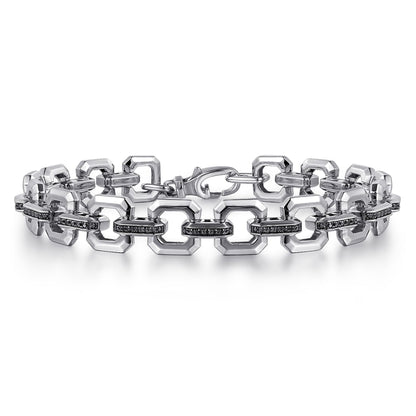 Sterling Silver Men's Link Chain Tennis Bracelet with Black Spinel Connectors
