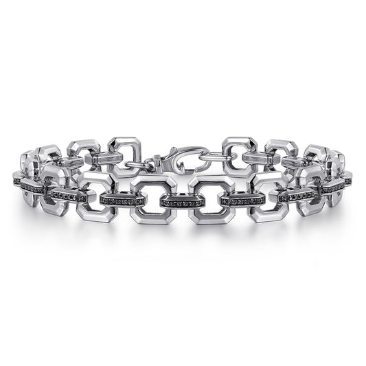 Sterling Silver Men's Link Chain Tennis Bracelet with Black Spinel Connectors
