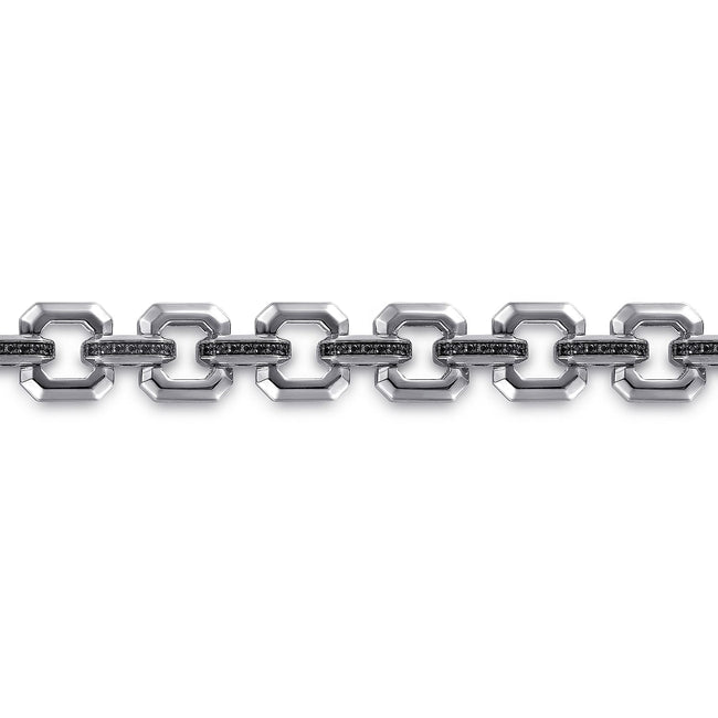 Sterling Silver Men's Link Chain Tennis Bracelet with Black Spinel Connectors