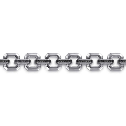 Sterling Silver Men's Link Chain Tennis Bracelet with Black Spinel Connectors