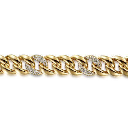 14K Yellow Gold 14mm Width Classic Diamond Men's Cuban Bracelet