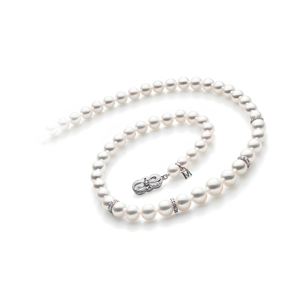 18" Akoya Cultured Pearl Graduated Strand Necklace with Diamond Rondelles – 18K White Gold Clasp