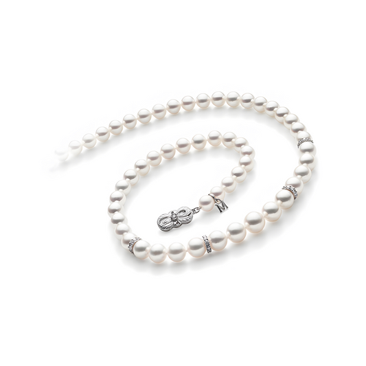 18" Akoya Cultured Pearl Graduated Strand Necklace with Diamond Rondelles – 18K White Gold Clasp