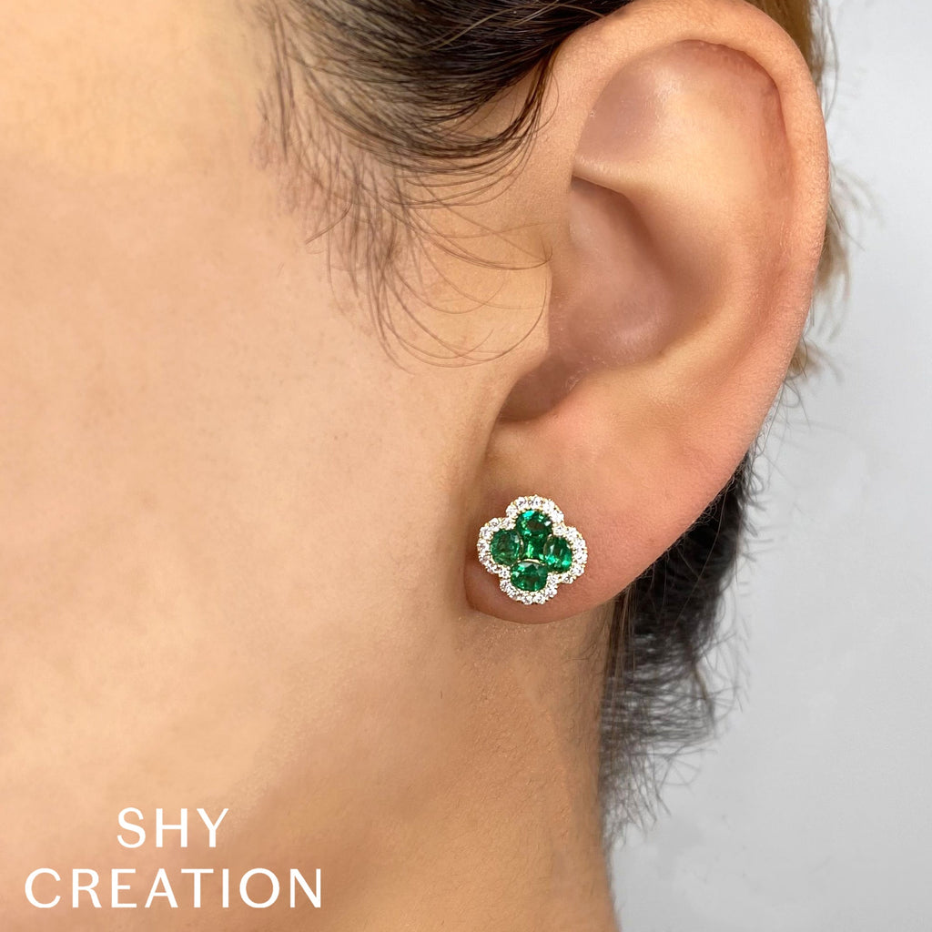 0.33CT DIAMOND & 1.29CT EMERALD 14K W/G CLOVER STUD EARRING