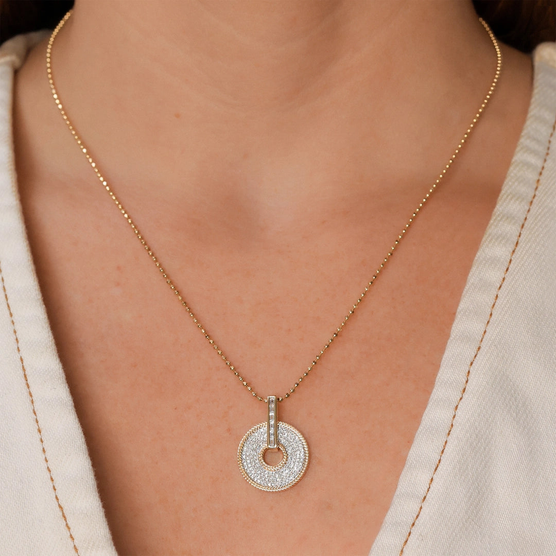0.45CT 14K Y/G DIAMOND BAGUETTE PAVE CIRCLE FACETED BALL CHAIN NECKLACE