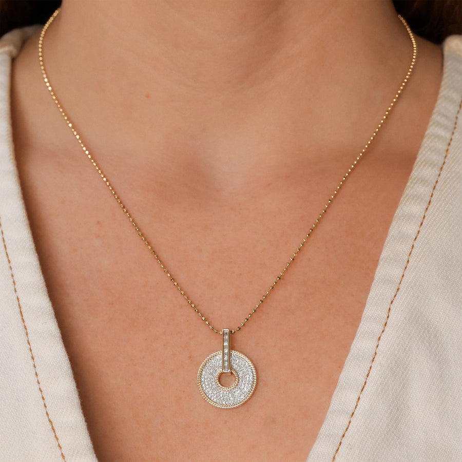 0.45CT 14K Y/G DIAMOND BAGUETTE PAVE CIRCLE FACETED BALL CHAIN NECKLACE