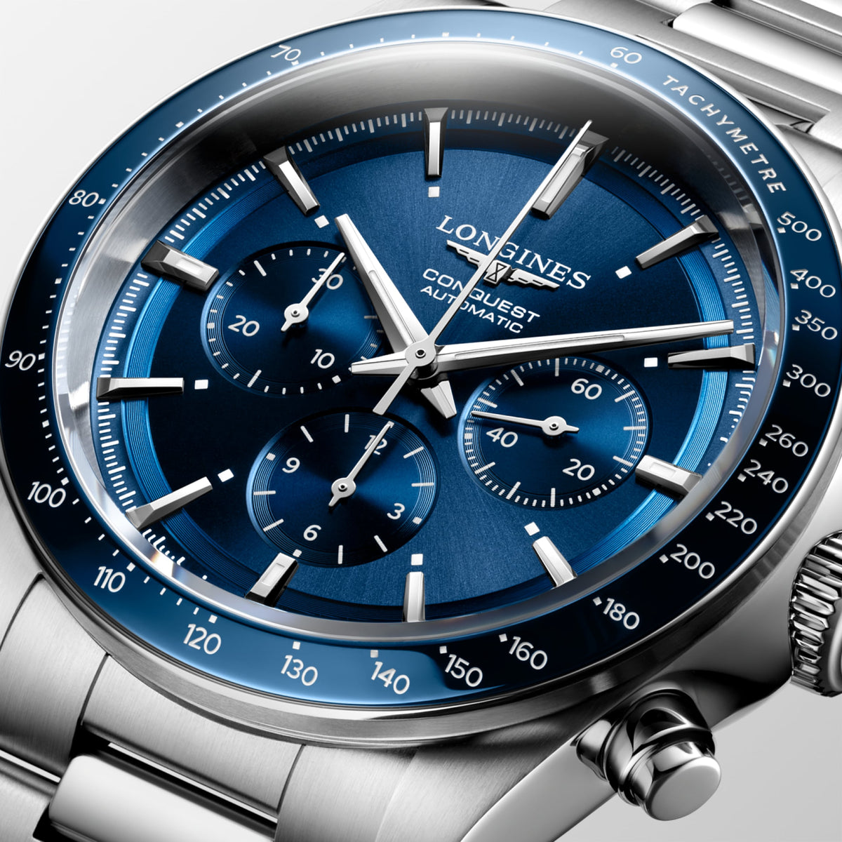 Conquest Chronograph 42.00 mm Sunray blue Stainless steel and ceramic bezel L38354926 L3.835.4.92.6 detailed view