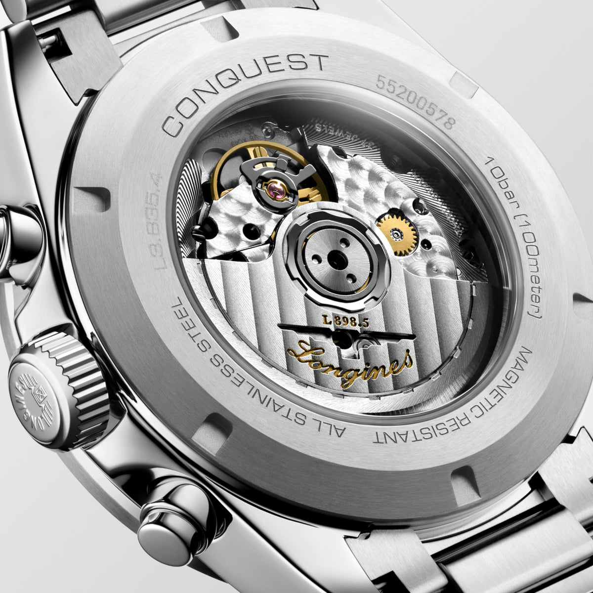 Conquest Chronograph 42.00 mm Sunray blue Stainless steel and ceramic bezel L38354926 L3.835.4.92.6 side and front view