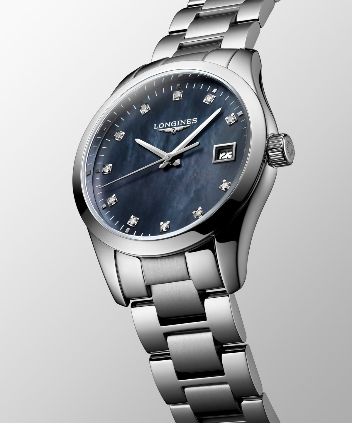 Conquest Classic 34.00 mm Black mother-of-pearl Stainless steel L23864886 L2.386.4.88.6 side and front view