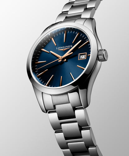 Conquest Classic 34.00 mm Blue Stainless steel L23864926 L2.386.4.92.6 side and front view