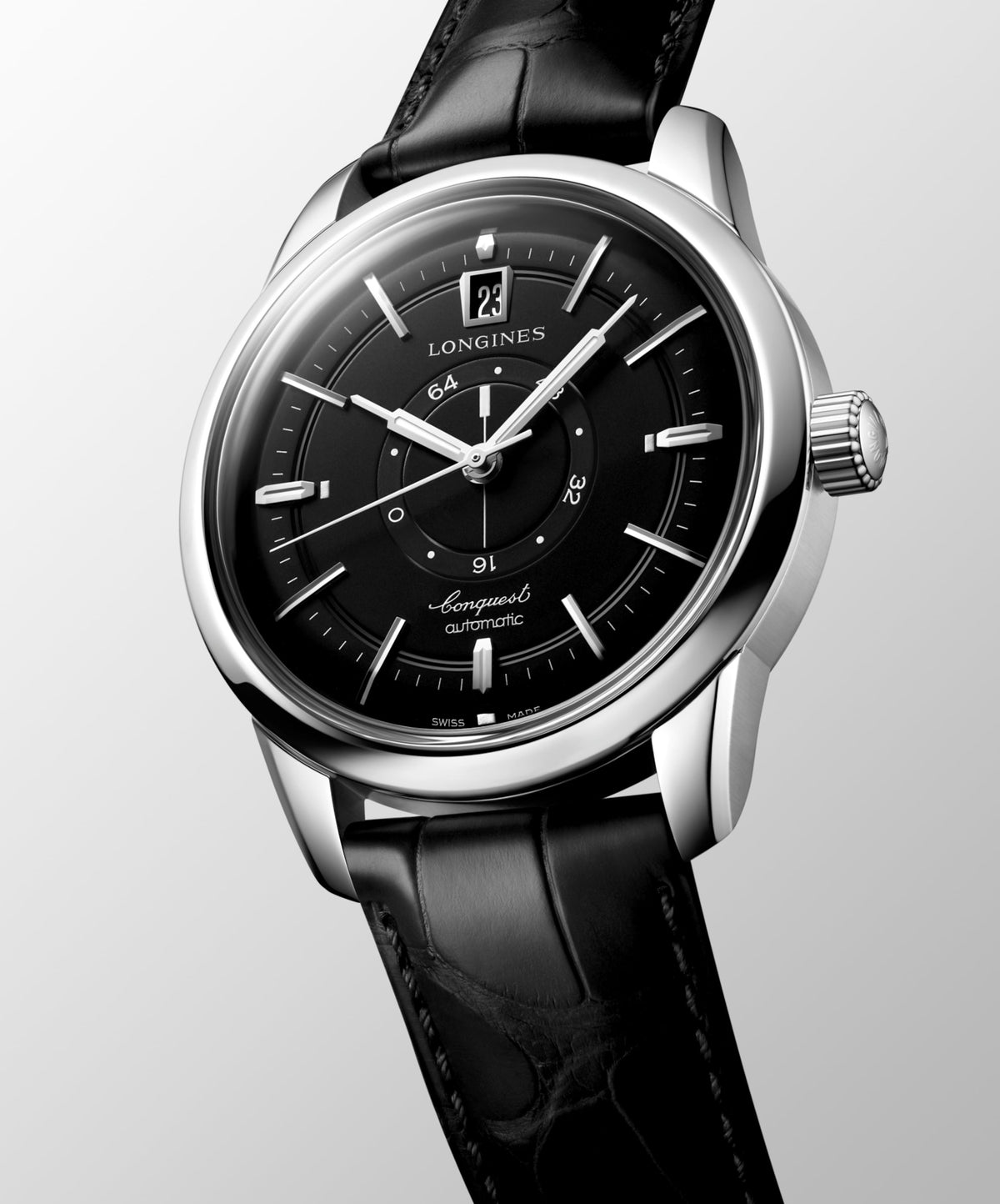 Conquest Heritage Central Power Reserve 38.00 mm Black Stainless steel L16484522 L1.648.4.52.2 front and side view