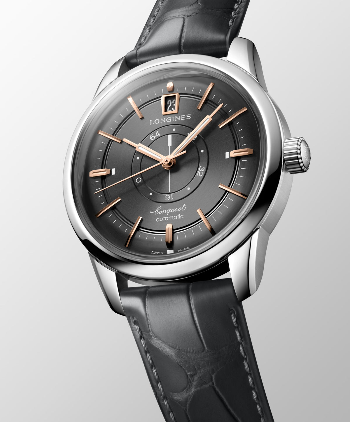 Conquest Heritage Central Power Reserve 38.00 mm Anthracite Stainless steel L16484622 L1.648.4.62.2 front and side view