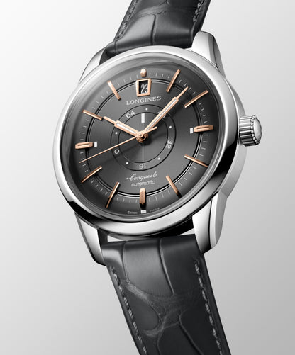 Conquest Heritage Central Power Reserve 38.00 mm Anthracite Stainless steel L16484622 L1.648.4.62.2 front and side view