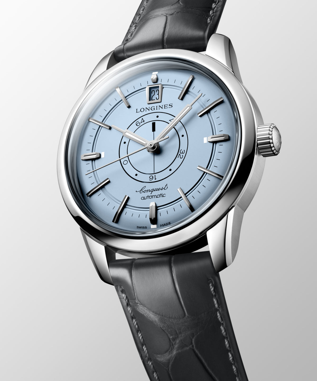 Conquest Heritage Central Power Reserve 38.00 mm Light Blue opaline Stainless steel L16484922 L1.648.4.92.2 front and side view