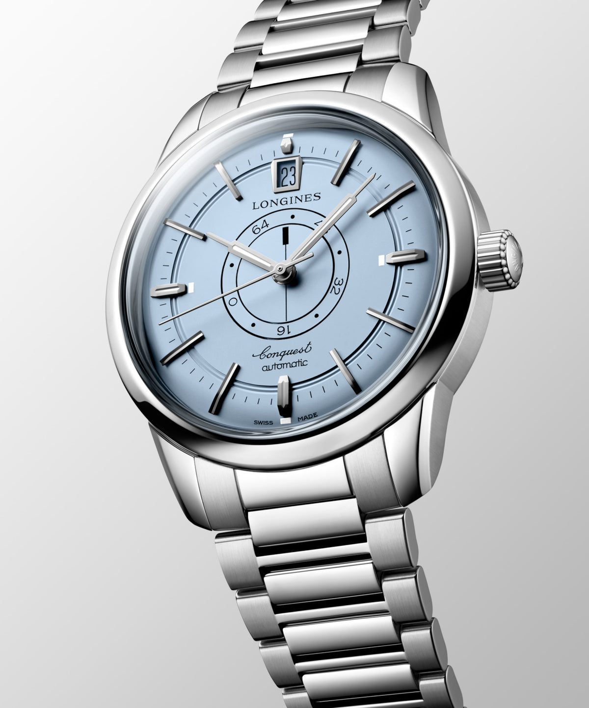 Conquest Heritage Central Power Reserve 38.00 mm Light Blue opaline Stainless steel L16484926 L1.648.4.92.6 front and side view