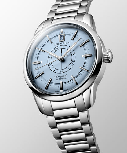 Conquest Heritage Central Power Reserve 38.00 mm Light Blue opaline Stainless steel L16484926 L1.648.4.92.6 front and side view
