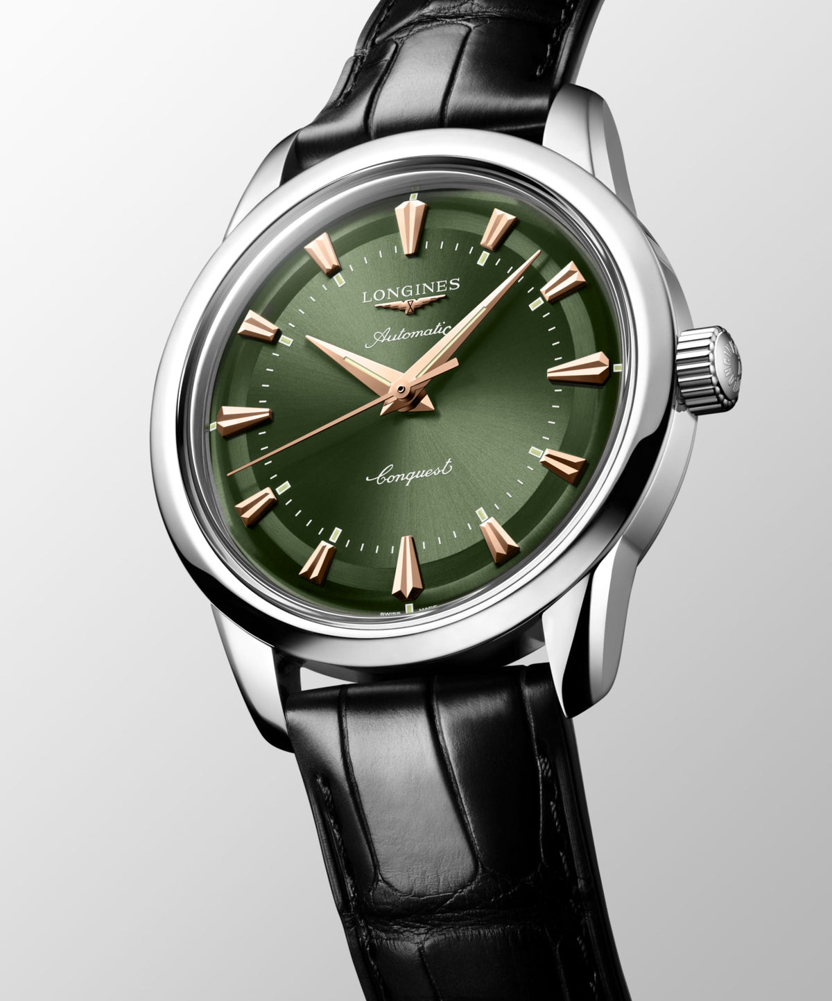 Conquest Heritage 38.00 mm Green lacquered polished Stainless steel L16494022 L1.649.4.02.2 front and side view