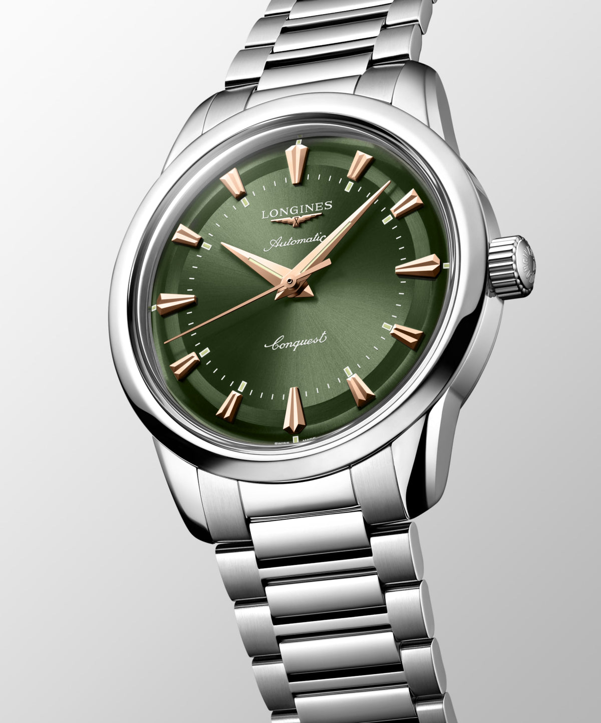 Conquest Heritage 38.00 mm Green lacquered polished Stainless steel L16494026 L1.649.4.02.6 front and side view