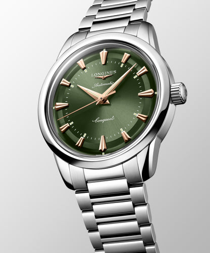 Conquest Heritage 38.00 mm Green lacquered polished Stainless steel L16494026 L1.649.4.02.6 front and side view