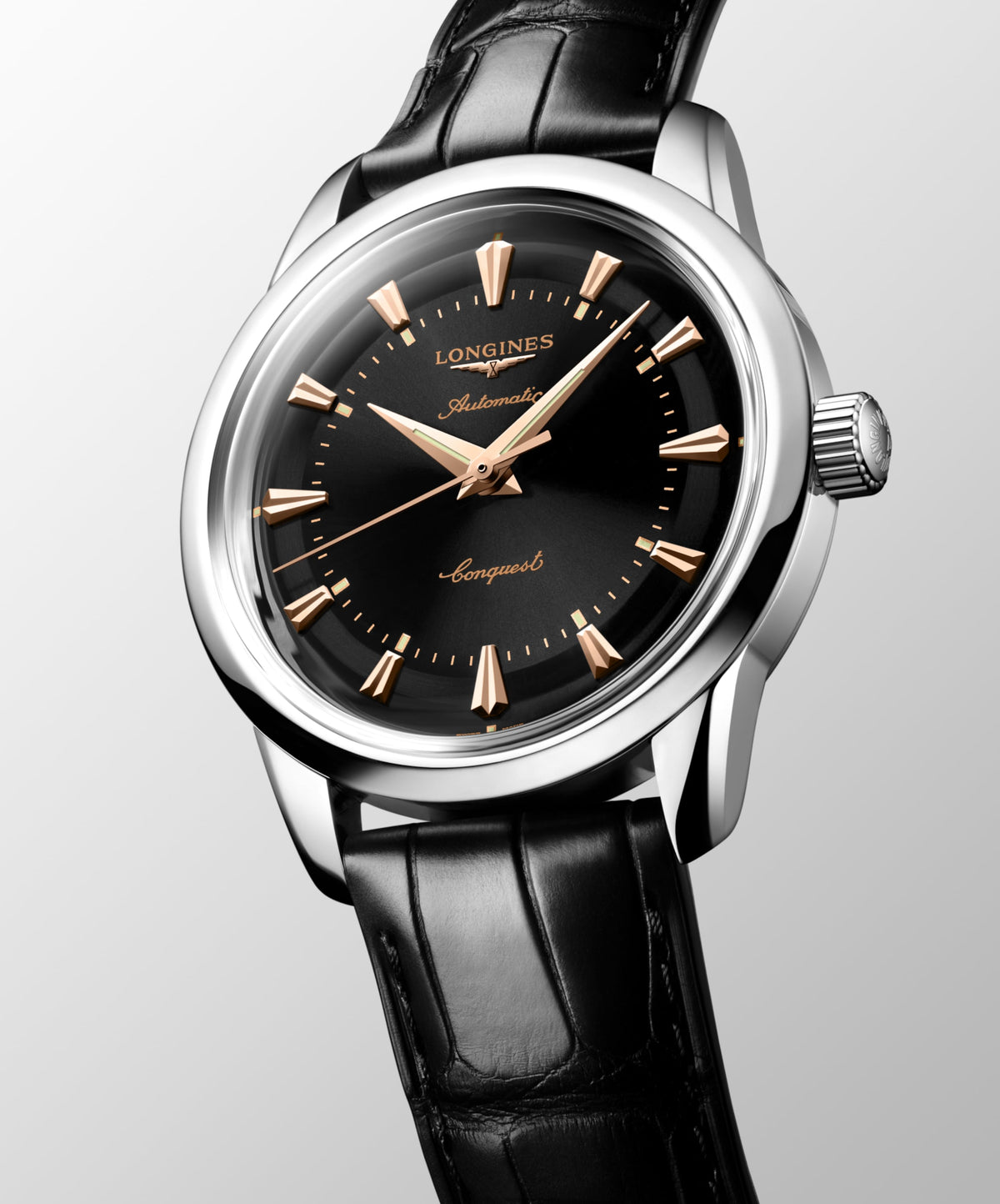 Conquest Heritage 38.00 mm Black lacquered polished Stainless steel L16494520 L1.649.4.52.0 front and side view