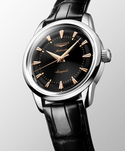 Conquest Heritage 38.00 mm Black lacquered polished Stainless steel L16494520 L1.649.4.52.0 front and side view