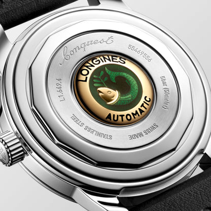 Conquest Heritage 38.00 mm Black lacquered polished Stainless steel L16494522 L1.649.4.52.2 front and side view