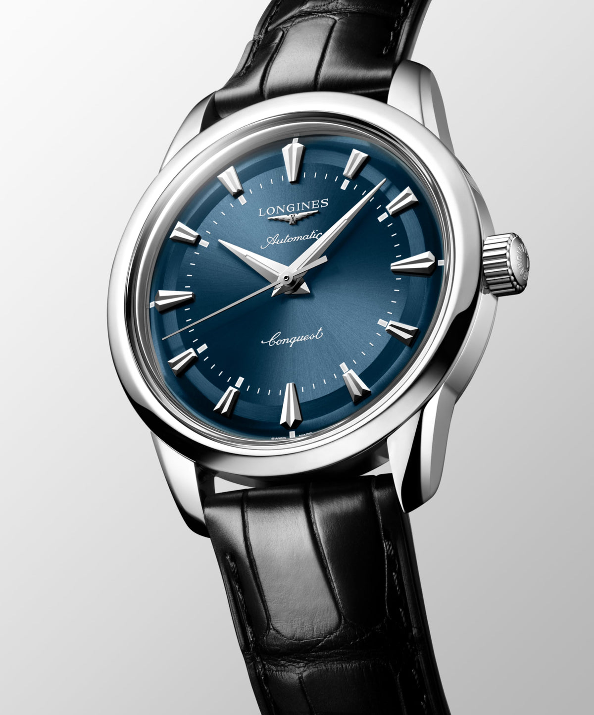 Conquest Heritage 38.00 mm Blue lacquered polished Stainless steel L16494922 L1.649.4.92.2 front and side view