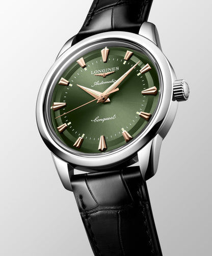 Conquest Heritage 40.00 mm Green lacquered polished Stainless steel L16504022 L1.650.4.02.2 front and side view