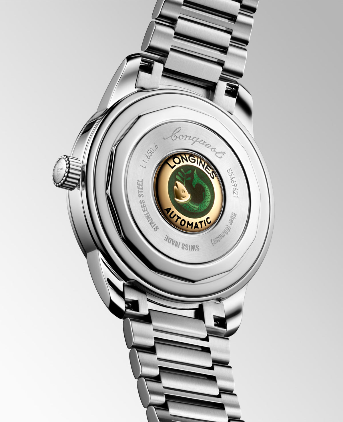 Conquest Heritage 40.00 mm Green lacquered polished Stainless steel L16504026 L1.650.4.02.6 front and side view
