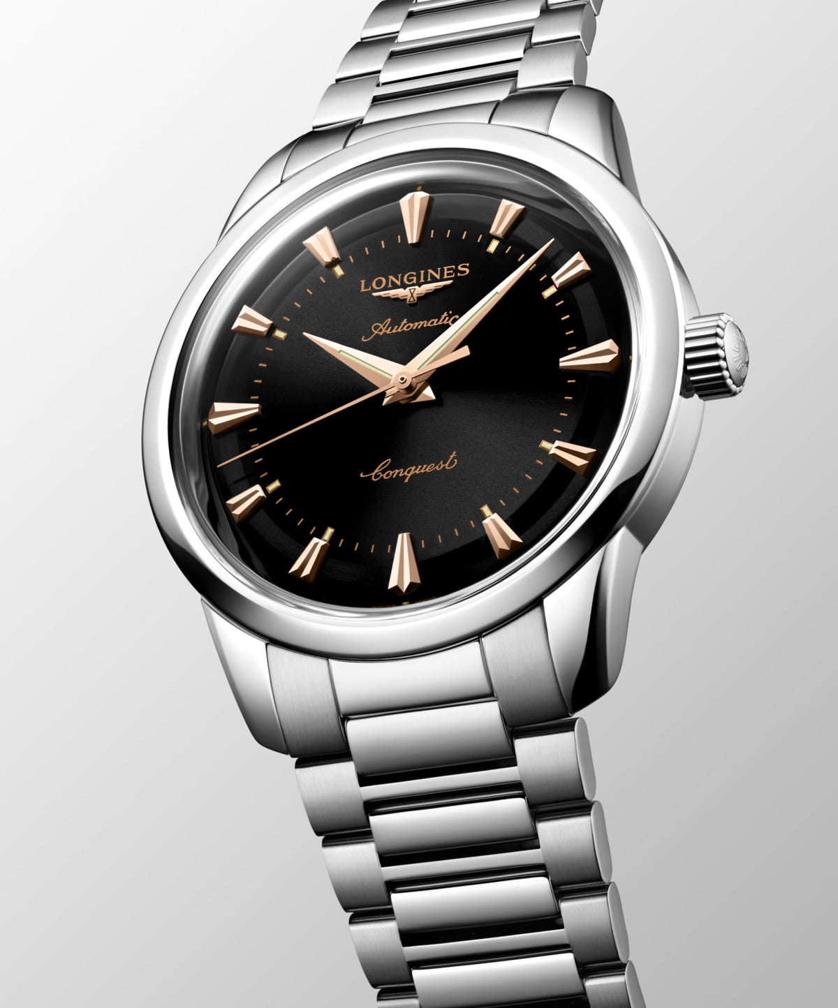 Conquest Heritage 40.00 mm Black lacquered polished Stainless steel L16504526 L1.650.4.52.6 front and side view