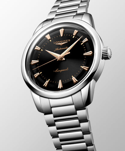 Conquest Heritage 40.00 mm Black lacquered polished Stainless steel L16504526 L1.650.4.52.6 front and side view