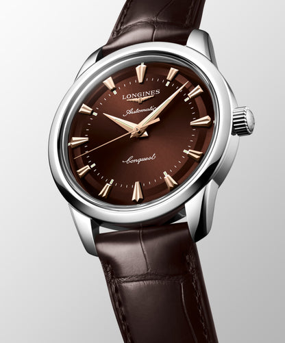 Conquest Heritage 40.00 mm Brown Stainless steel L16504622 L1.650.4.62.2 front and side view