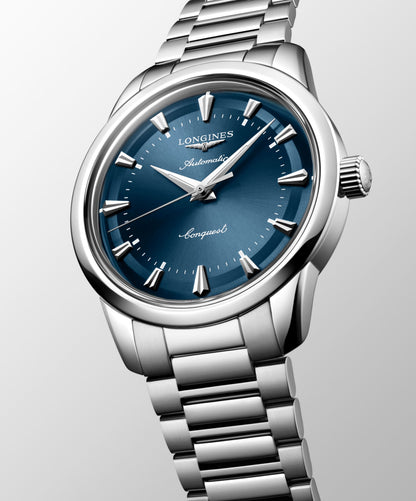 Conquest Heritage 40.00 mm Blue lacquered polished Stainless steel L16504926 L1.650.4.92.6 front and side view