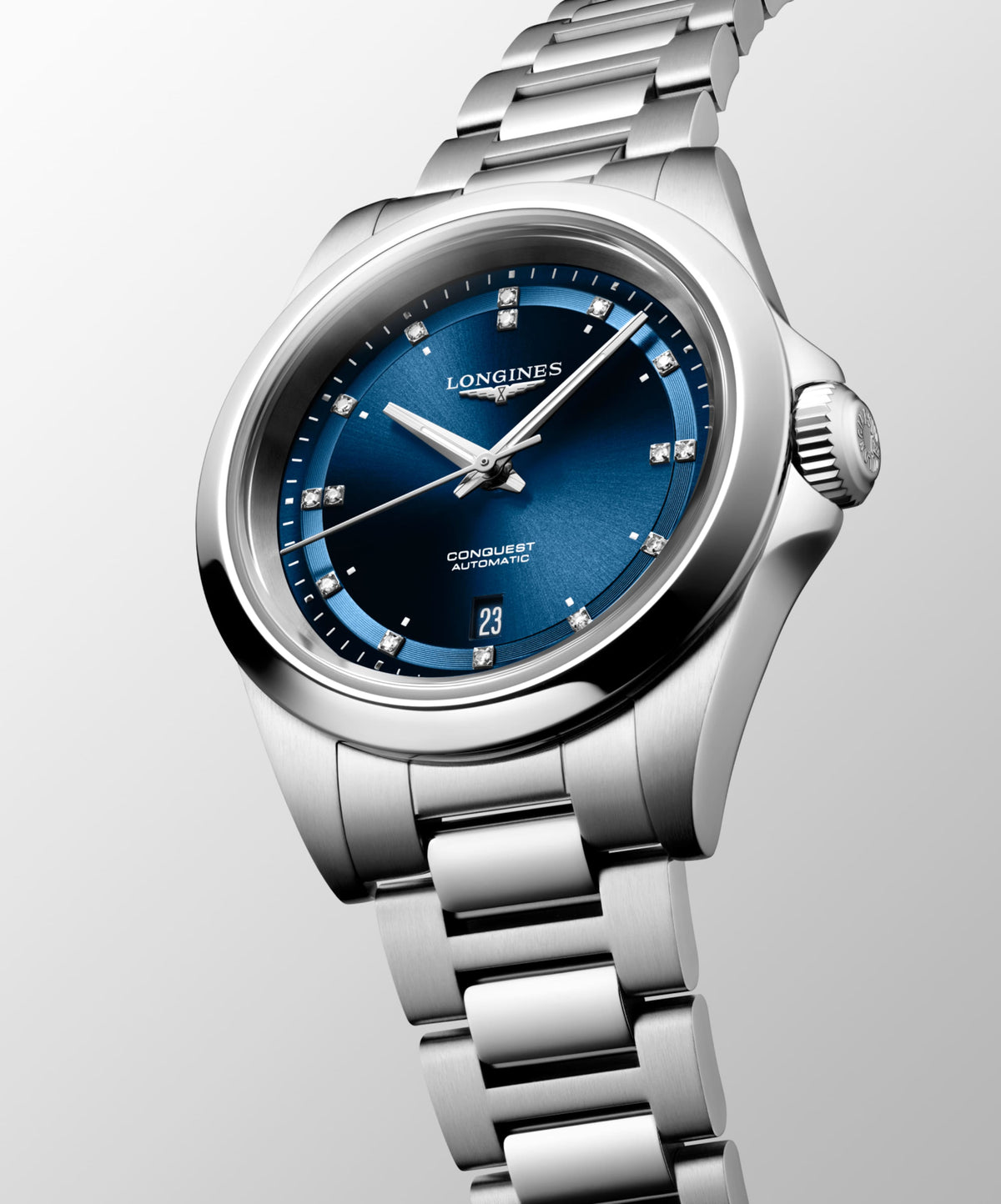 Conquest 30.00 mm Sunray blue Stainless steel L33204976 L3.320.4.97.6 side and front view