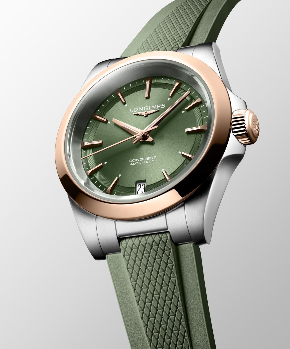 Conquest 34.00 mm Sunray green Stainless steel and rose gold 18 carats cap 200 L34305029 L3.430.5.02.9 side and front view