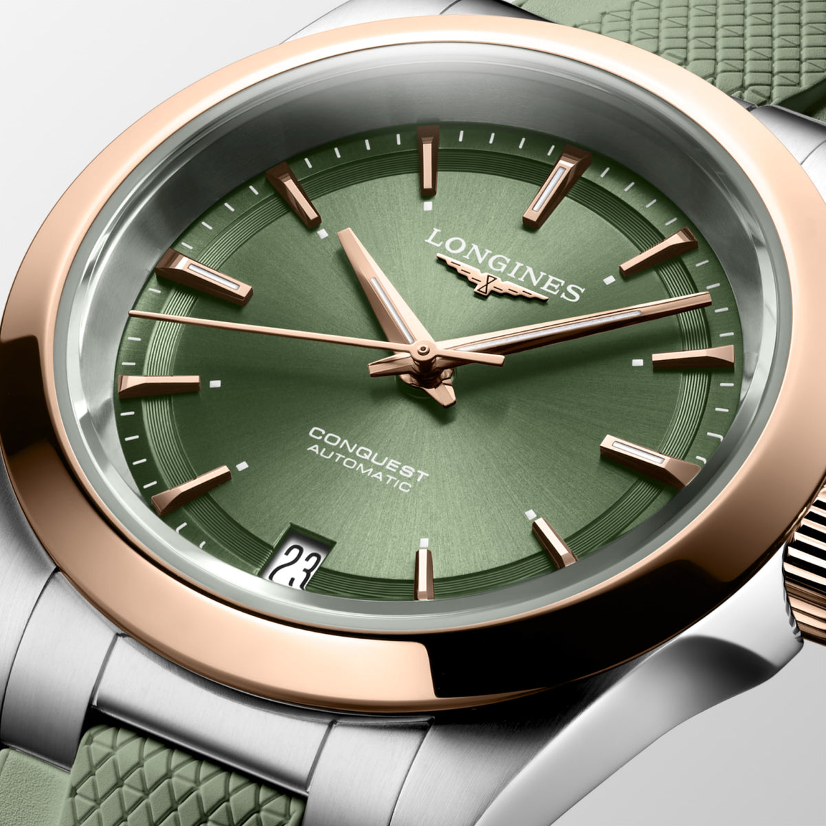 Conquest 34.00 mm Sunray green Stainless steel and rose gold 18 carats cap 200 L34305029 L3.430.5.02.9 detailed view