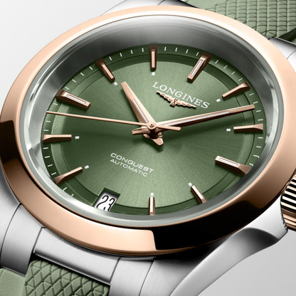Conquest 34.00 mm Sunray green Stainless steel and rose gold 18 carats cap 200 L34305029 L3.430.5.02.9 detailed view