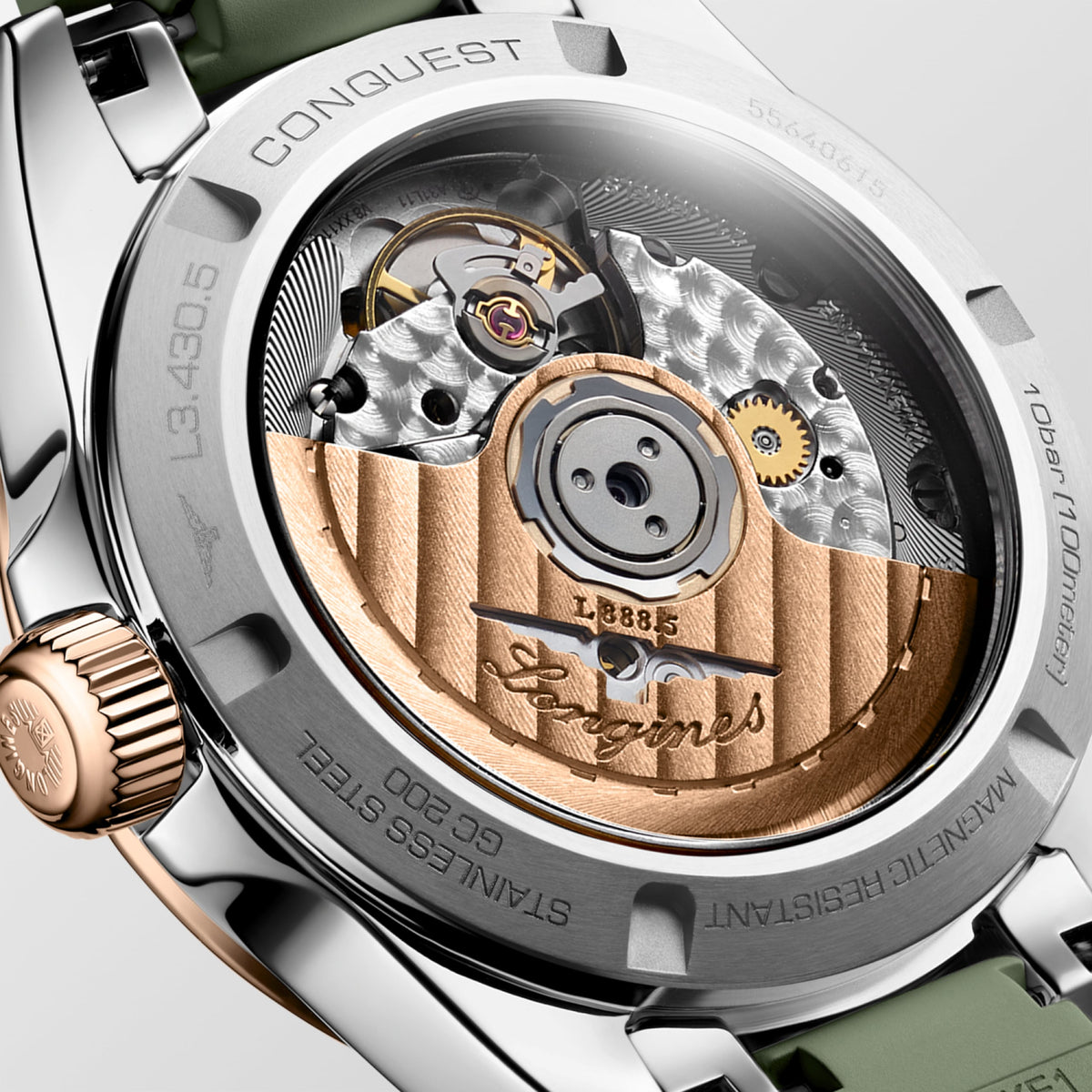 Conquest 34.00 mm Sunray green Stainless steel and rose gold 18 carats cap 200 L34305029 L3.430.5.02.9 back view