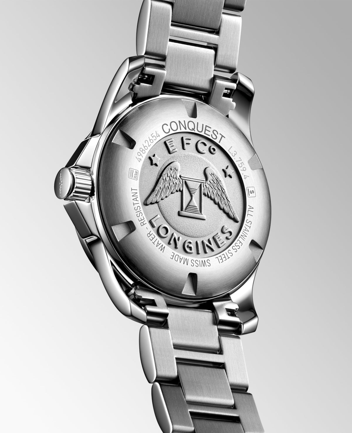 Conquest 41.00 mm Black lacquered polished Stainless steel L37594586 L3.759.4.58.6 side and front view