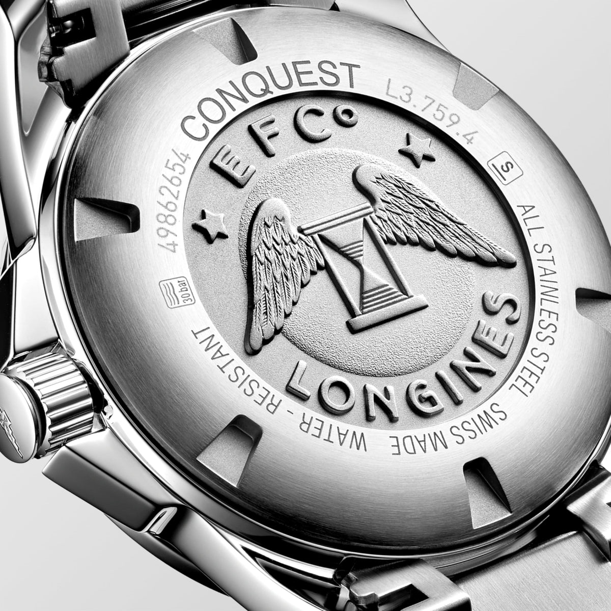 Conquest 41.00 mm Sunray blue Stainless steel L37594966 L3.759.4.96.6 side and front view